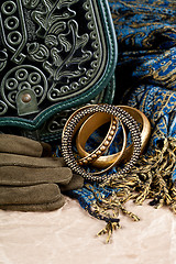 Image showing vintage bag, leather gloves, bracelets and scarf