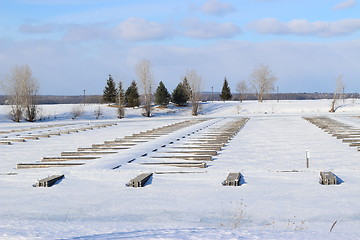 Image showing Boat slips on frozen marina