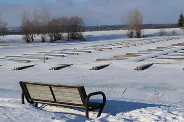 Image showing Park bench overlooking Boat slips