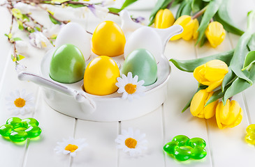 Image showing Easter still life with fresh tulips 