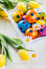 Image showing Easter still life with fresh tulips 