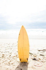 Image showing Surfboard standing upright in sand