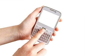 Image showing Hands holding white smart phone