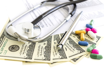 Image showing Money, stethoscope and pills, medical insurance