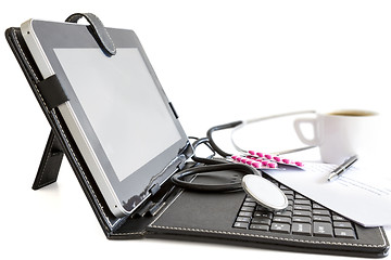 Image showing Digital tablet pc, pills and stethoscope, health concept