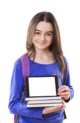 Image showing Teenager girl with backpack with digital tablet