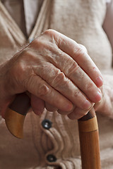 Image showing Hand of a senior man with a  cane