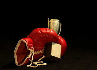 Image showing red boxing glove holding a shining cup