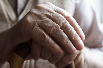 Image showing Hand of a senior man with a  cane