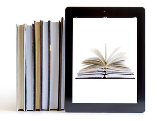 Image showing Opened books on digital tablet concept