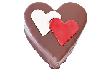 Image showing Heart shaped slice of a chocolate-cake