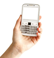 Image showing Hand holding white smart phone