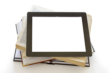 Image showing Open Books and blank screen digital tablet concept