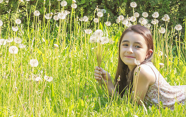 Image showing Little Girl Busy Blowing Dandelion Seeds In the Park