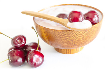 Image showing fresh cherries fruits with yogurt