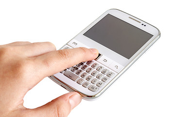 Image showing Hand touching white smart phone