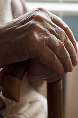 Image showing Hand of a senior man with a  cane