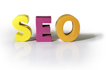 Image showing Multicolored word seo made of wood.