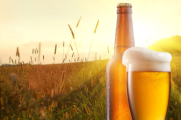 Image showing Glass of beer and bottle against wheat field and sunset