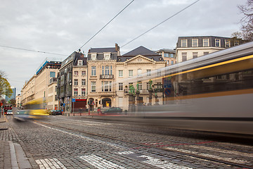 Image showing Tramway in motion on the street of Brussels near The Sablon Squa