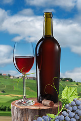 Image showing Glass of red wine and bottle on stump isolated on white