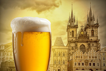 Image showing Glass of beer against Tyn Church in Prague