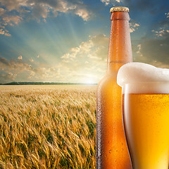 Image showing Glass of beer and bottle against wheat field and sunset