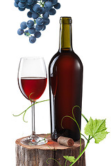 Image showing Glass of red wine, bottle and grape on stump isolated on white