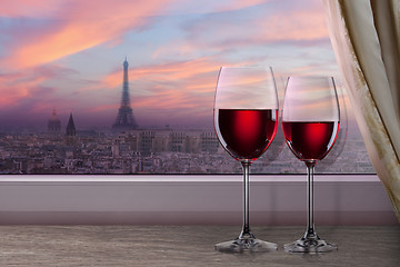 Image showing View of Paris and Eiffel tower on sunset from window with two gl