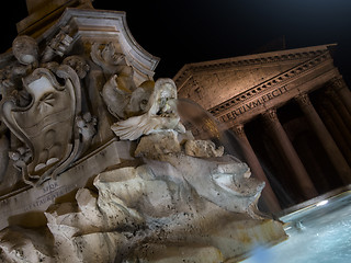 Image showing Fountain of Piazza Rotonda at night outside Pantheon in Rome, It