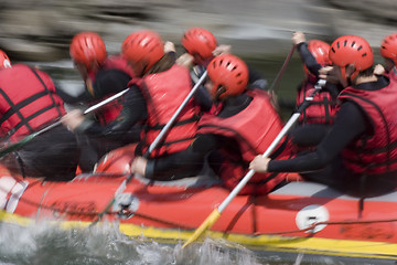 Image showing Red rafting team on whitewater