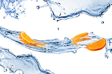 Image showing fresh water splashes and orange slices isolated on white
