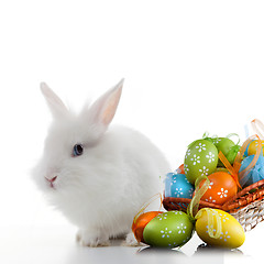 Image showing Rabbit and color easter eggs in basket isolated on white