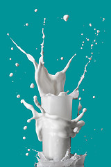 Image showing milk splash in glass isolated on blue background