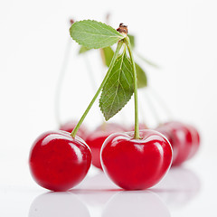 Image showing Red cherry with leaves isolated on white