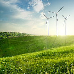 Image showing Wind generators turbines on sunset summer landscape