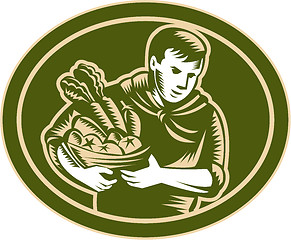 Image showing Organic Farmer Crop Harvest Woodcut