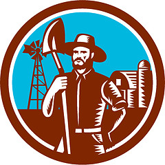 Image showing Organic Farmer Shovel Windmill Woodcut Retro