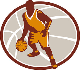 Image showing Basketball Player Dribbling Ball Oval Retro
