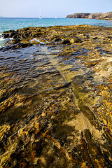 Image showing light beach  boat yacht in lanzarote  spain coastline rock   