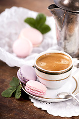 Image showing Coffee and French macaroons