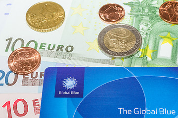 Image showing European Euro bank notes Cent coins and Global Blue card