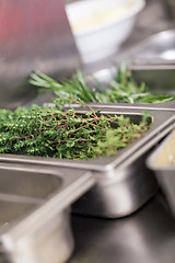 Image showing Fresh rosemary sprigs on a kitchen counter