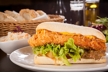 Image showing Burger with golden crumbed chicken breast