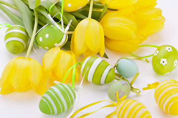 Image showing Colourful yellow and green spring Easter Eggs