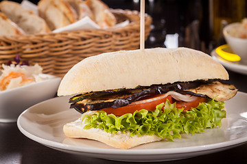 Image showing delicious vegan vegetarian burger with grilled eggplant
