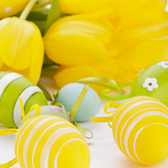 Image showing Colourful yellow and green spring Easter Eggs