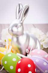 Image showing Easter still life with a silver bunny and eggs