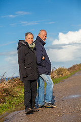 Image showing happy elderly senior couple walking on beach