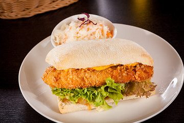 Image showing Burger with golden crumbed chicken breast